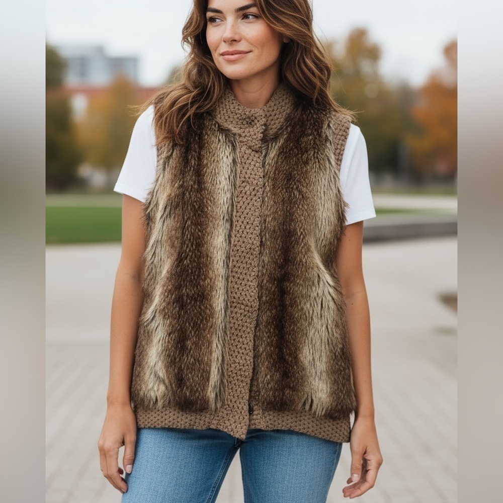 SIONI Wool & Faux Fur Vest Small Brown Sweater Snaps Jacket S